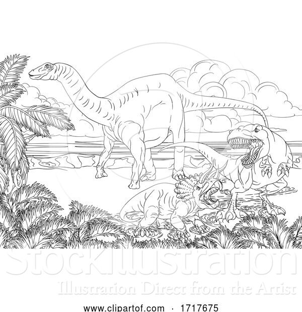 Vector Illustration of Cartoon Black and White Diplodocus Dinosaur by a T Rex and Triceratops in a Fight