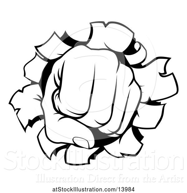 Vector Illustration of Cartoon Black and White Fisted Hand Punching a Hole Through a Wall