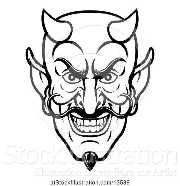 Vector Illustration of Cartoon Black and White Grinning Evil Devil Face