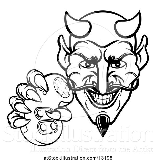 Vector Illustration of Cartoon Black and White Grinning Evil Devil Holding a Video Game Controller