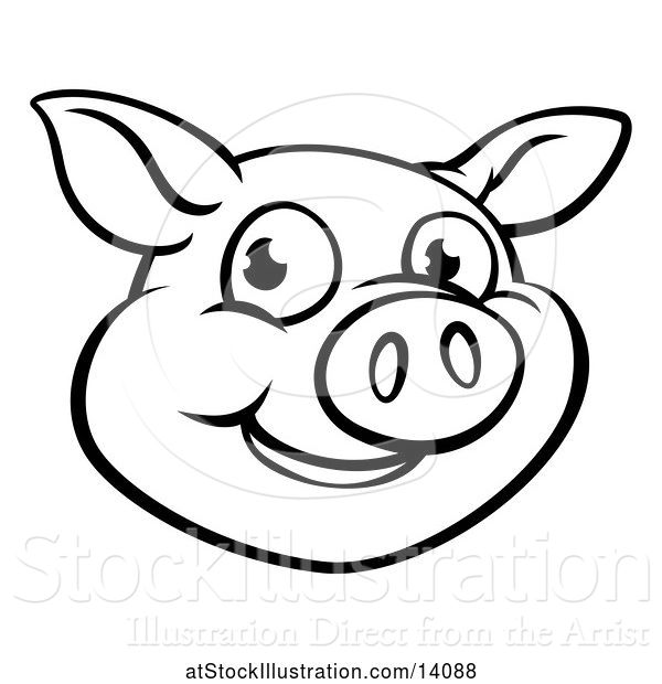 Vector Illustration of Cartoon Black and White Happy Pig Face