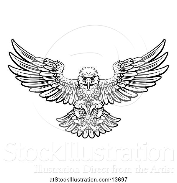 Vector Illustration of Cartoon Black and White Swooping American Bald Eagle with a Golf Ball in His Talons