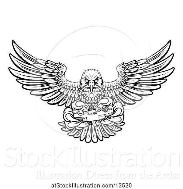 Vector Illustration of Cartoon Black and White Swooping American Bald Eagle with a Video Game Controller in Its Claws