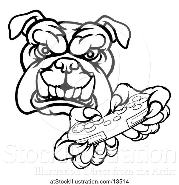 Vector Illustration of Cartoon Black and White Tough Bulldog Mascot Holding a Video Game Controller