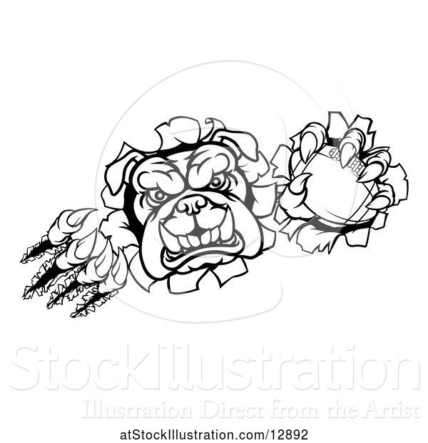 Vector Illustration of Cartoon Black and White Tough Bulldog Monster Sports Mascot Holding out a Basketball in One Clawed Paw and Breaking Through a Wall