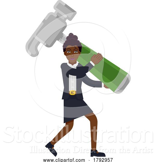 Vector Illustration of Cartoon Black Businesswoman with Giant Hammer Concept