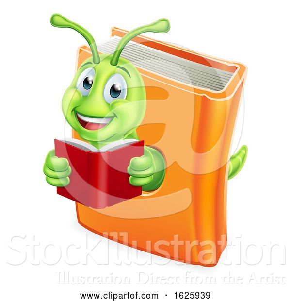 Vector Illustration of Cartoon Bookworm Caterpillar Worm in Book Reading
