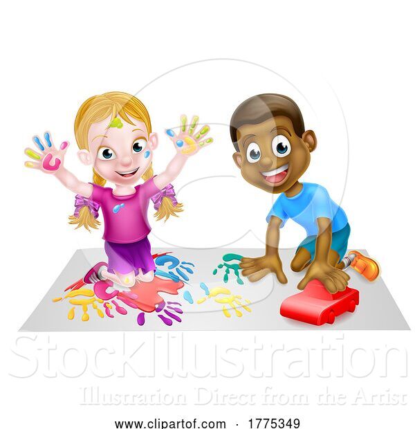 Vector Illustration of Cartoon Boy and Girl Children Playing with Car and Paints