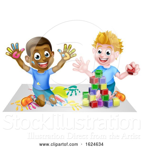 Vector Illustration of Cartoon Boys Playing with Toys