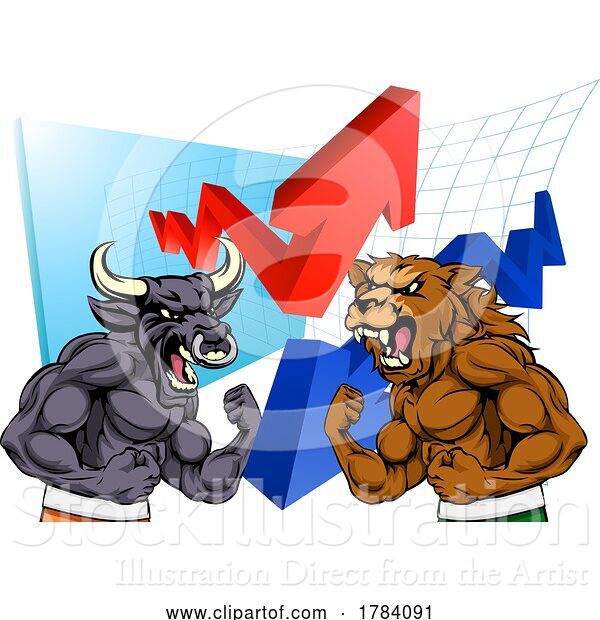 Vector Illustration of Cartoon Bull Vs Bear Stock Market Wall Street Concept