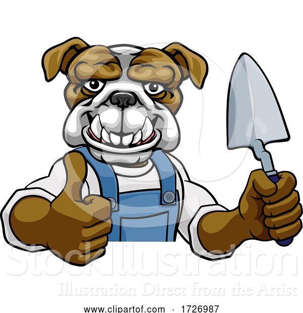 Vector Illustration of Cartoon Bulldog Bricklayer Builder Holding Trowel Tool