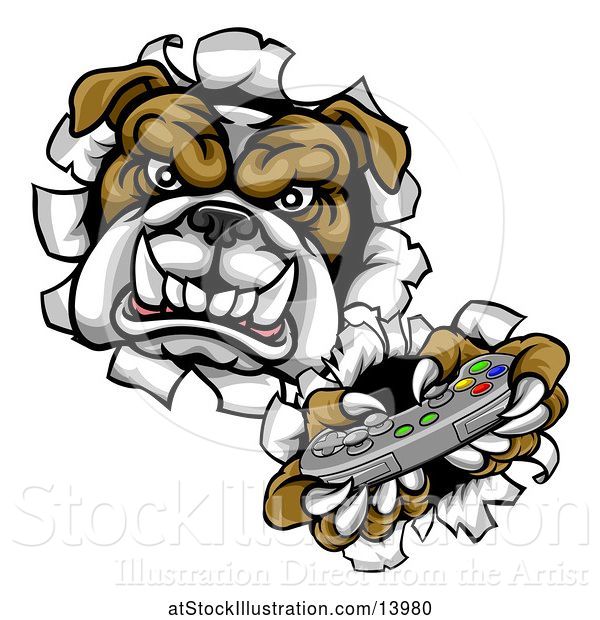 Vector Illustration of Cartoon Bulldog Holding a Video Game Controller and Breaking Through a Wall