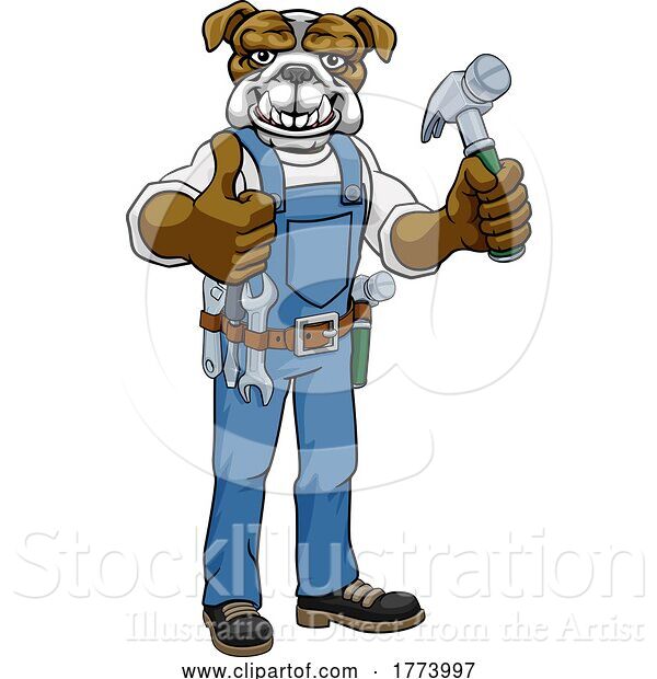 Vector Illustration of Cartoon Bulldog Mascot Carpenter Handyman Holding Hammer