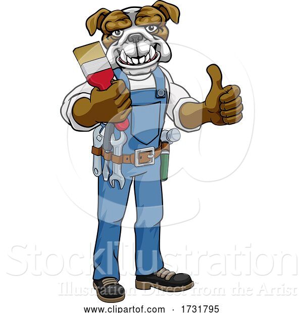Vector Illustration of Cartoon Bulldog Painter Decorator Holding Paintbrush