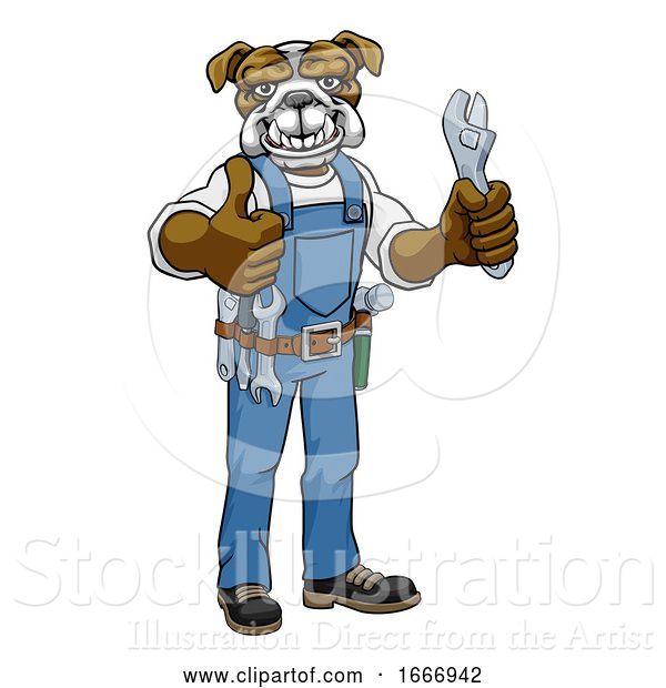 Vector Illustration of Cartoon Bulldog Plumber or Mechanic Holding Spanner