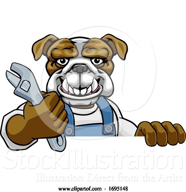 Vector Illustration of Cartoon Bulldog Plumber or Mechanic Holding Spanner