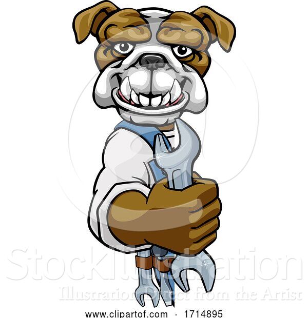 Vector Illustration of Cartoon Bulldog Plumber or Mechanic Holding Spanner