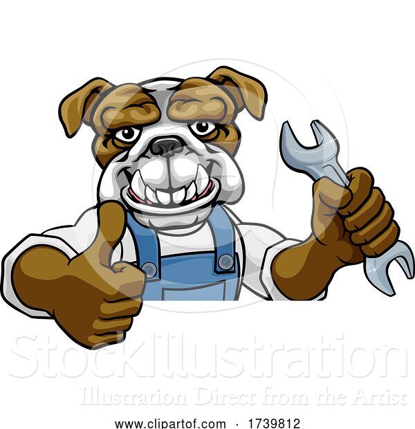 Vector Illustration of Cartoon Bulldog Plumber or Mechanic Holding Spanner