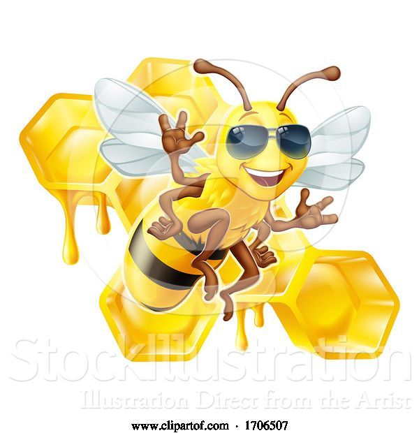 Vector Illustration of Cartoon Bumble Bee Honey Honeycomb Sunglasses Bumblebee