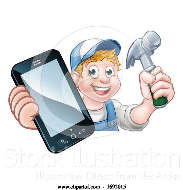 Vector Illustration of Cartoon Carpenter Handyman Phone Concept