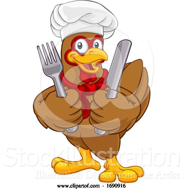 Vector Illustration of Cartoon Chef Chicken Rooster Cockerel Knife Fork Cartoon