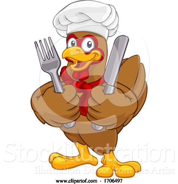 Vector Illustration of Cartoon Chef Chicken Rooster Cockerel Knife Fork Cartoon