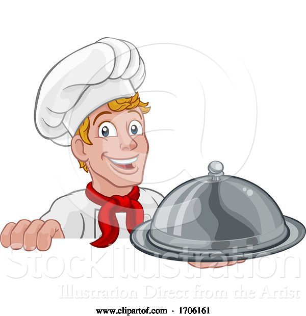 Vector Illustration of Cartoon Chef Cook Baker Guy Holding Domed Tray