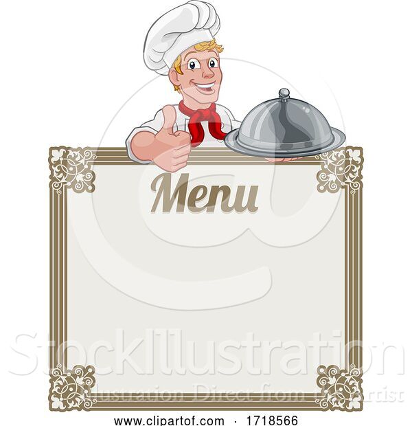 Vector Illustration of Cartoon Chef Cook Baker Guy Menu Sign Background