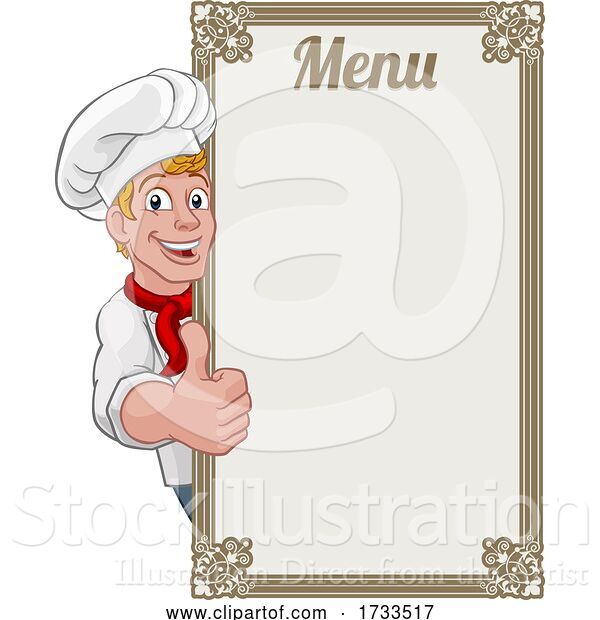 Vector Illustration of Cartoon Chef Cook Baker Guy Menu Sign Background