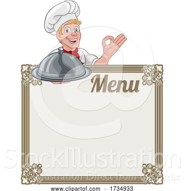 Vector Illustration of Cartoon Chef Cook Baker Guy Menu Sign Background