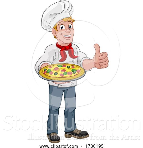 Vector Illustration of Cartoon Chef Cook Guy Holding a Pizza