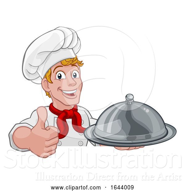 Vector Illustration of Cartoon Chef Holding Plate Platter Sign Cartoon