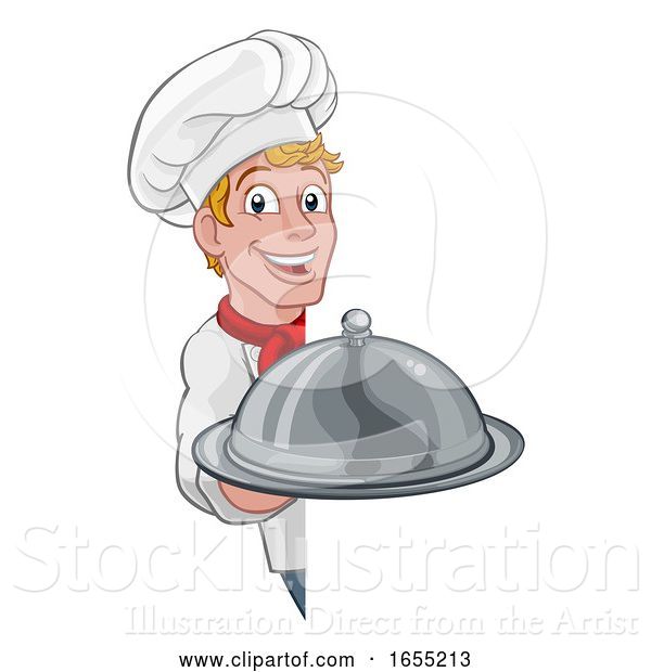 Vector Illustration of Cartoon Chef Holding Plate Platter Sign Cartoon