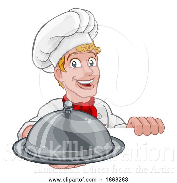 Vector Illustration of Cartoon Chef Holding Plate Platter Sign Cartoon