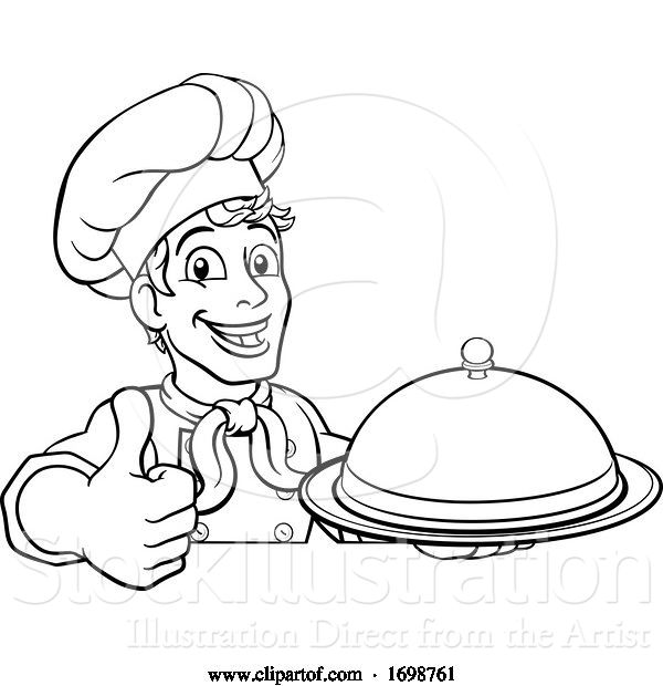 Vector Illustration of Cartoon Chef Holding Plate Platter Sign Cartoon