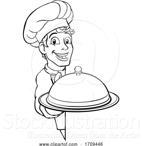 Vector Illustration of Cartoon Chef Holding Plate Platter Sign Cartoon