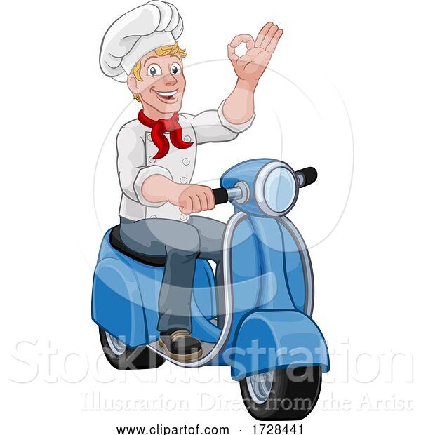 Vector Illustration of Cartoon Chef Moped Scooter Food Delivery Guy Cartoon