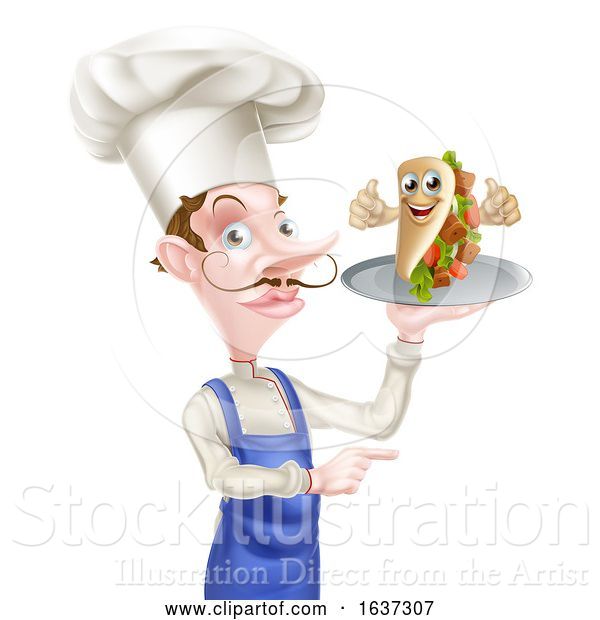 Vector Illustration of Cartoon Chef Poiting with Kebab