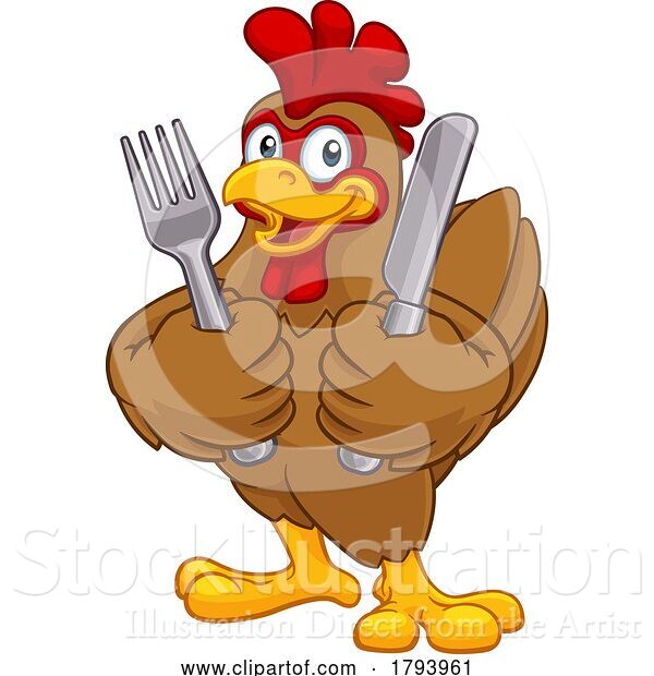 Vector Illustration of Cartoon Chicken Rooster Cockerel Knife and Fork Cartoon