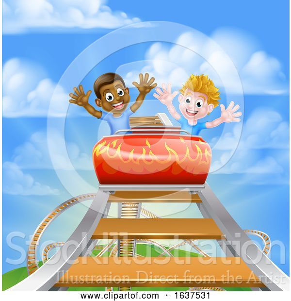 Vector Illustration of Cartoon Children on Roller Coaster