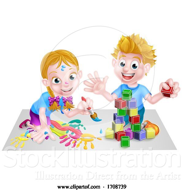 Vector Illustration of Cartoon Children Playing with Building Blocks and Paint