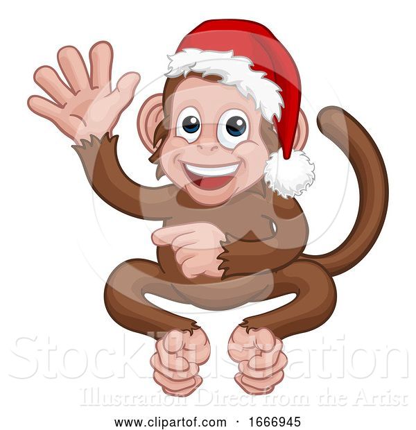 Vector Illustration of Cartoon Christmas Monkey Character in Santa Hat
