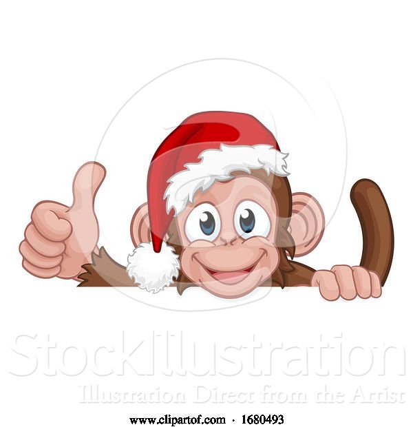 Vector Illustration of Cartoon Christmas Monkey Character in Santa Hat