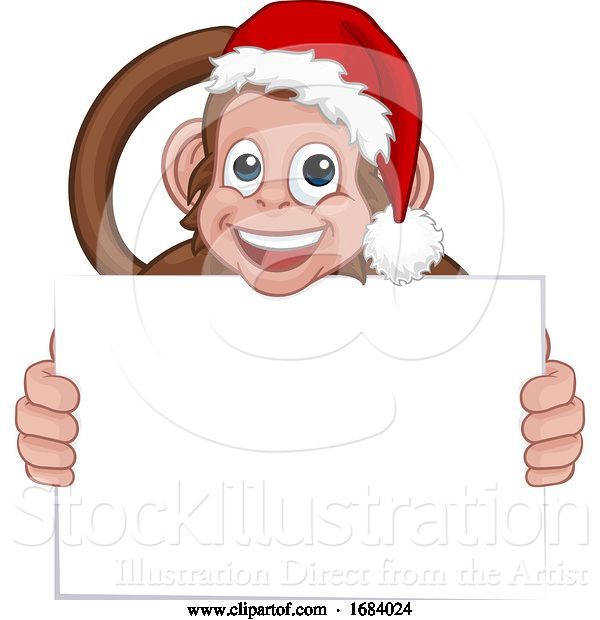 Vector Illustration of Cartoon Christmas Monkey Character in Santa Hat