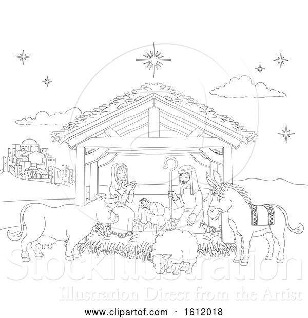 Vector Illustration of Cartoon Christmas Nativity Scene Coloring