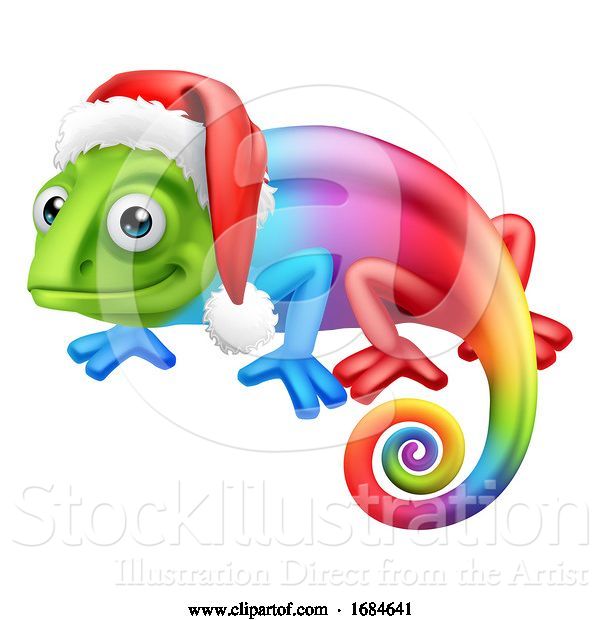 Vector Illustration of Cartoon Christmas Rainbow Chameleon in Santa Hat Cartoon