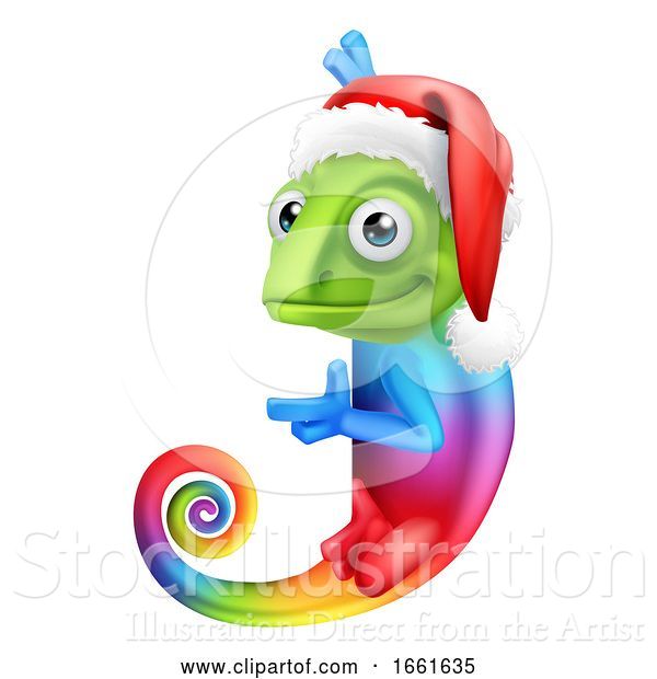 Vector Illustration of Cartoon Christmas Rainbow Chameleon Santa Hat Sign Cartoon