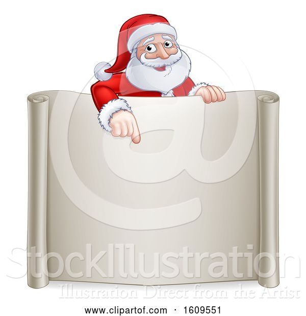 Vector Illustration of Cartoon Christmas Santa Claus Pointing down over a Blank Scroll Sign