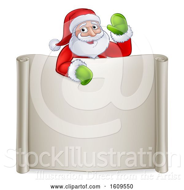 Vector Illustration of Cartoon Christmas Santa Claus Waving over a Blank Scroll Sign