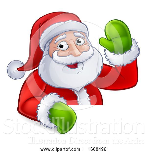 Vector Illustration of Cartoon Christmas Santa Claus Waving over a Sign